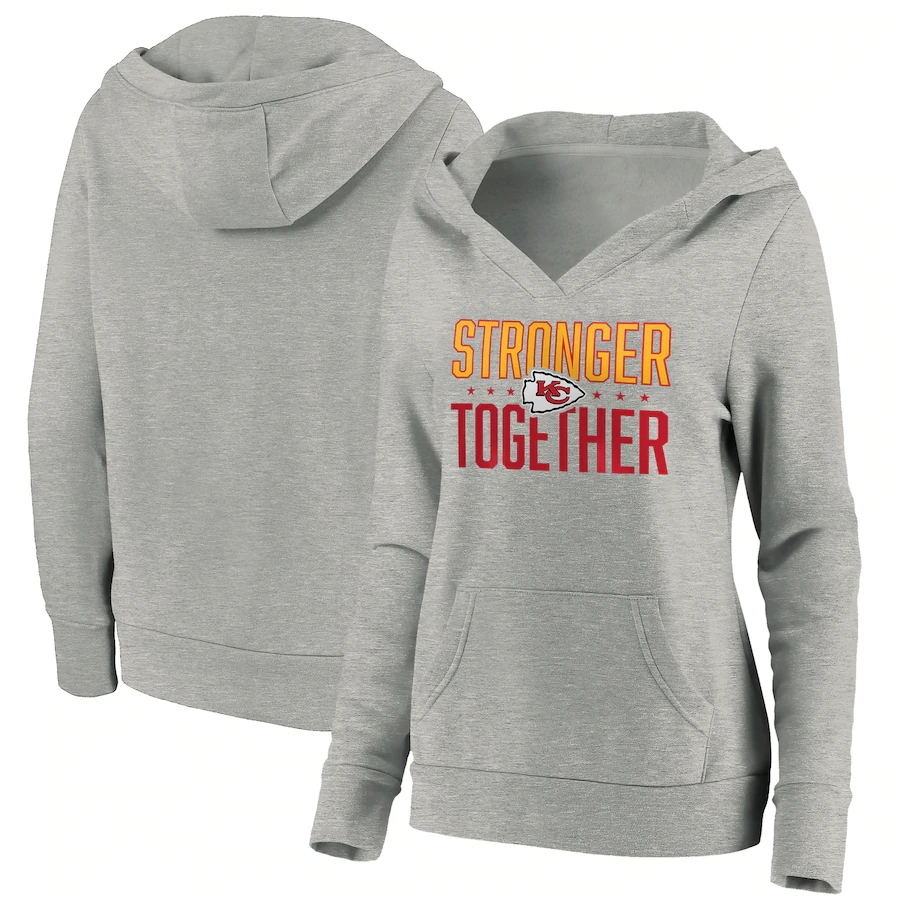 Women's Kansas City Chiefs Heather Gray Stronger Together Crossover Neck Pullover Hoodie(Run Small)